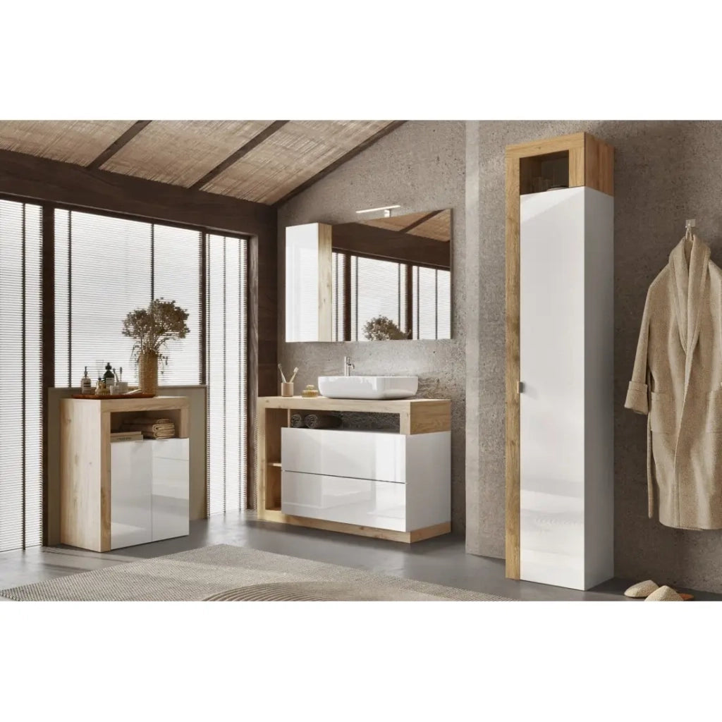 Mobile da bagno BURA – 2 porte, 2 scaffali – Bianco lucido laccato e rovere chiaro