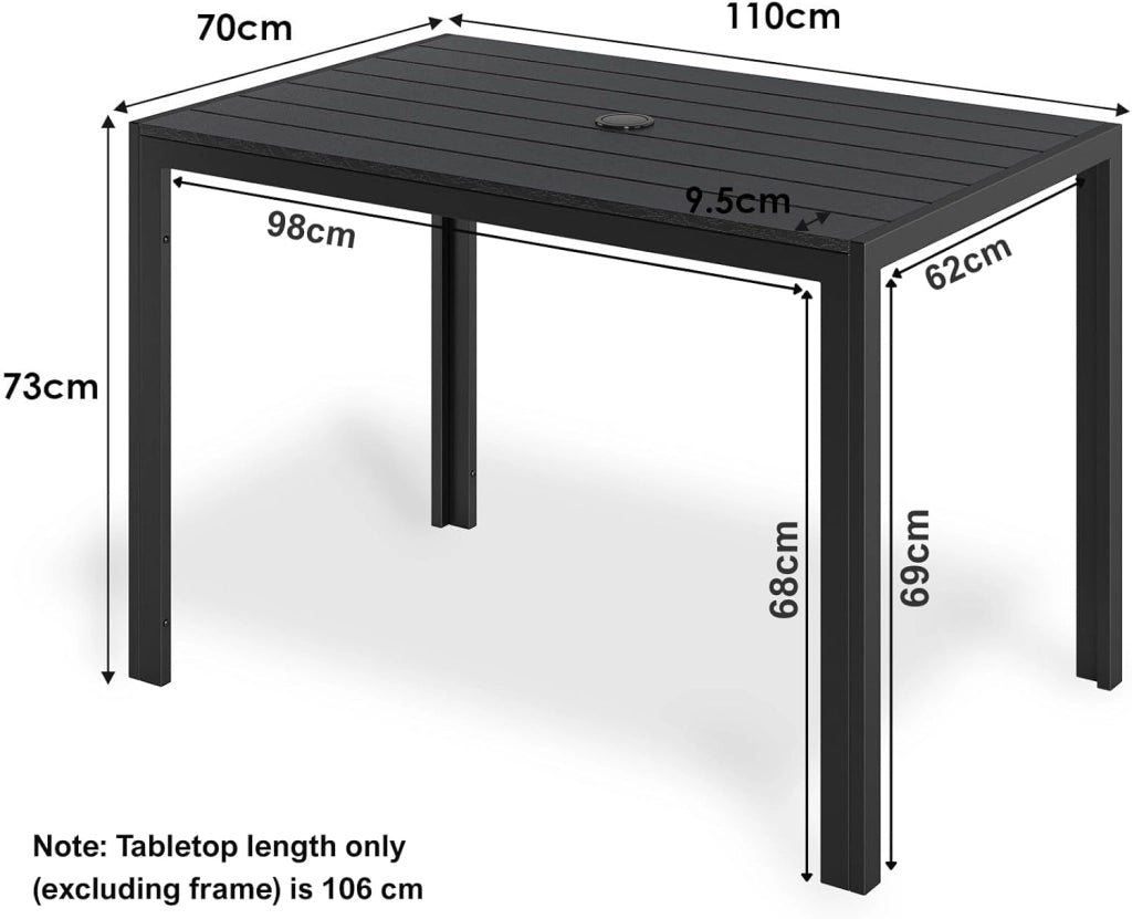 Tavolo da Giardino 110x70 cm con Foro per Ombrellone 4cm, Tavolo da Terrazzo in WPC per 4-6 Persone, Tavolo da Balcone Resistente alle Intemperie con Telaio in Alluminio, Nero