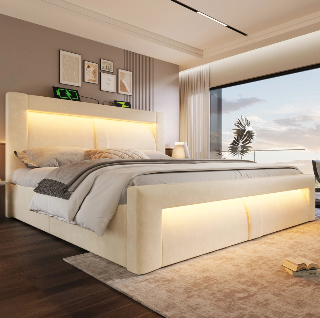 Letto matrimoniale 160x200 cm con contenitore; LED; porte USB e Type-C; velluto beige