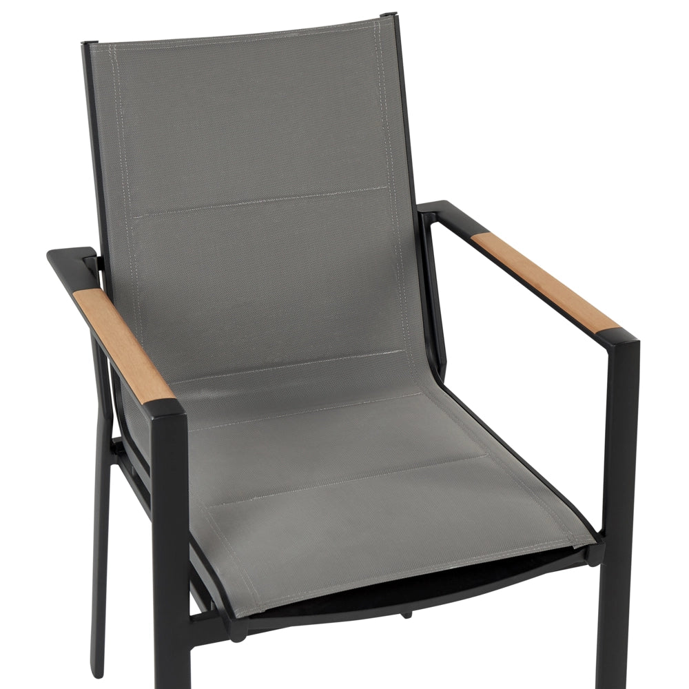 Set di mobili da esterno tavolo rotondo da pranzo nero 110 cm in alluminio e legno sintetico 4 sedie cuscini grigi