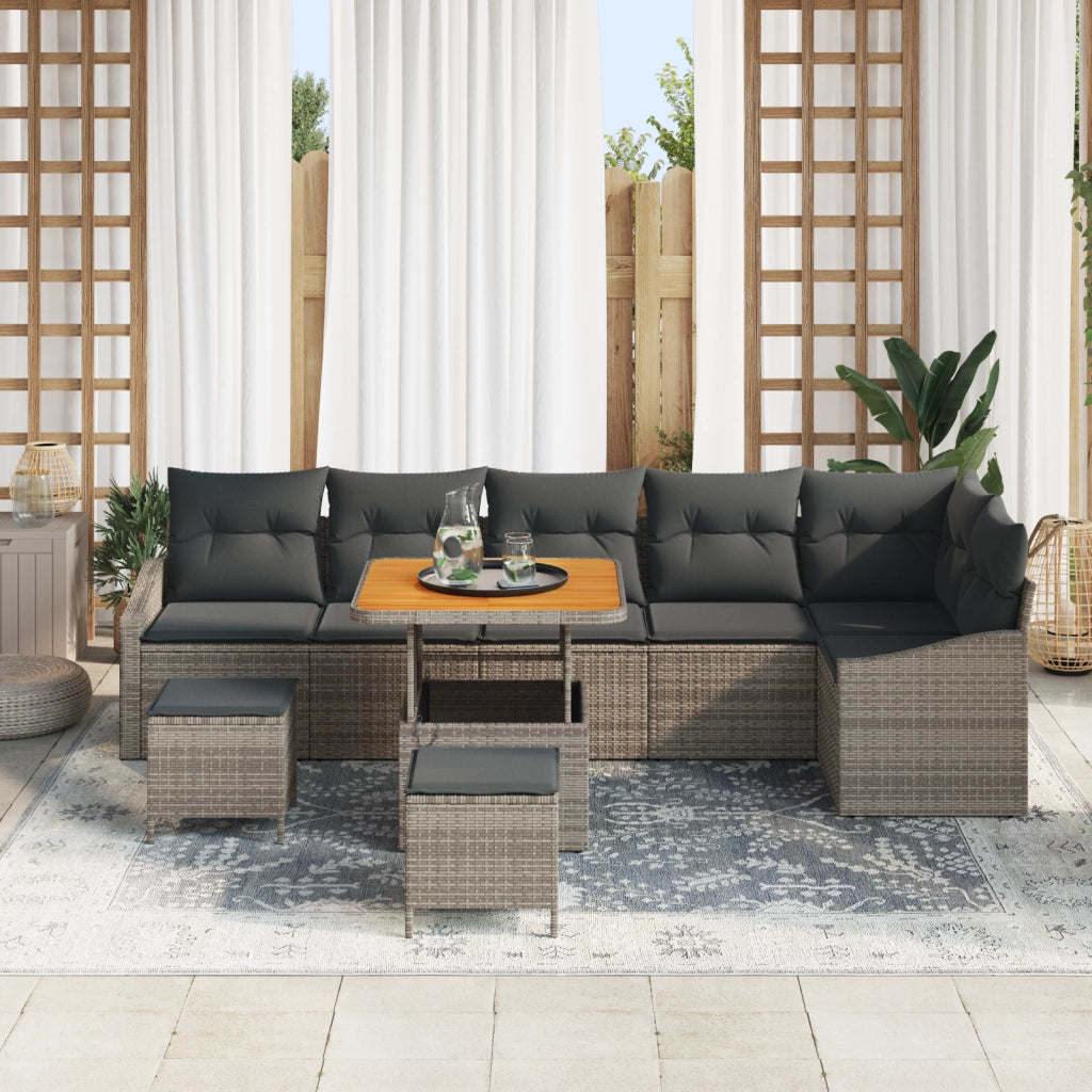 Set di Divani da Giardino di 9 Pezzi con Cuscini Grigio Polyrattan Acacia