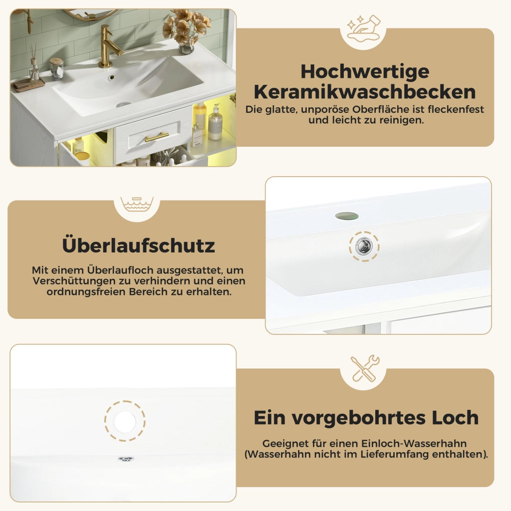Mobile sottolavabo da bagno con 2 cassetti 2 armadietti LED e lavabo ceramica bianco 76 × 46 × 55 cm