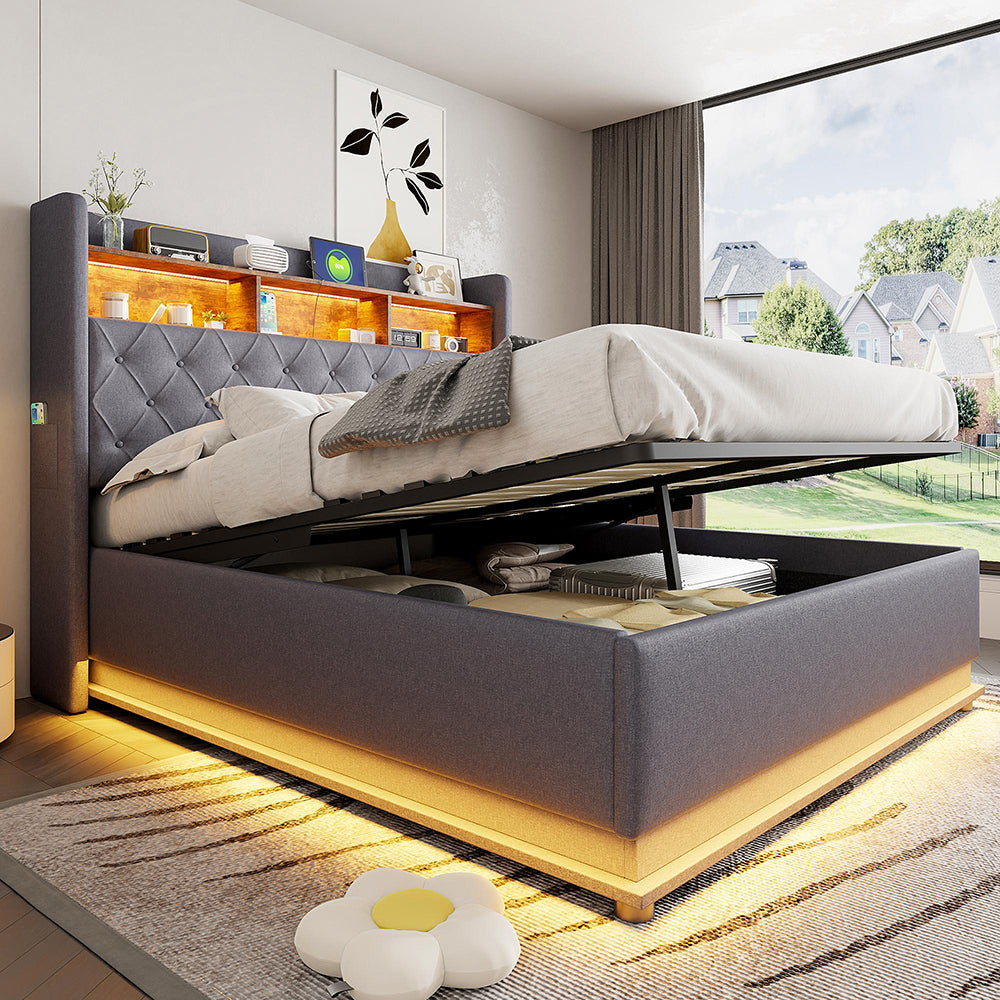 Letto matrimoniale-Xylo-160x200 cm-LED, USB, idraulico, lino, grigio