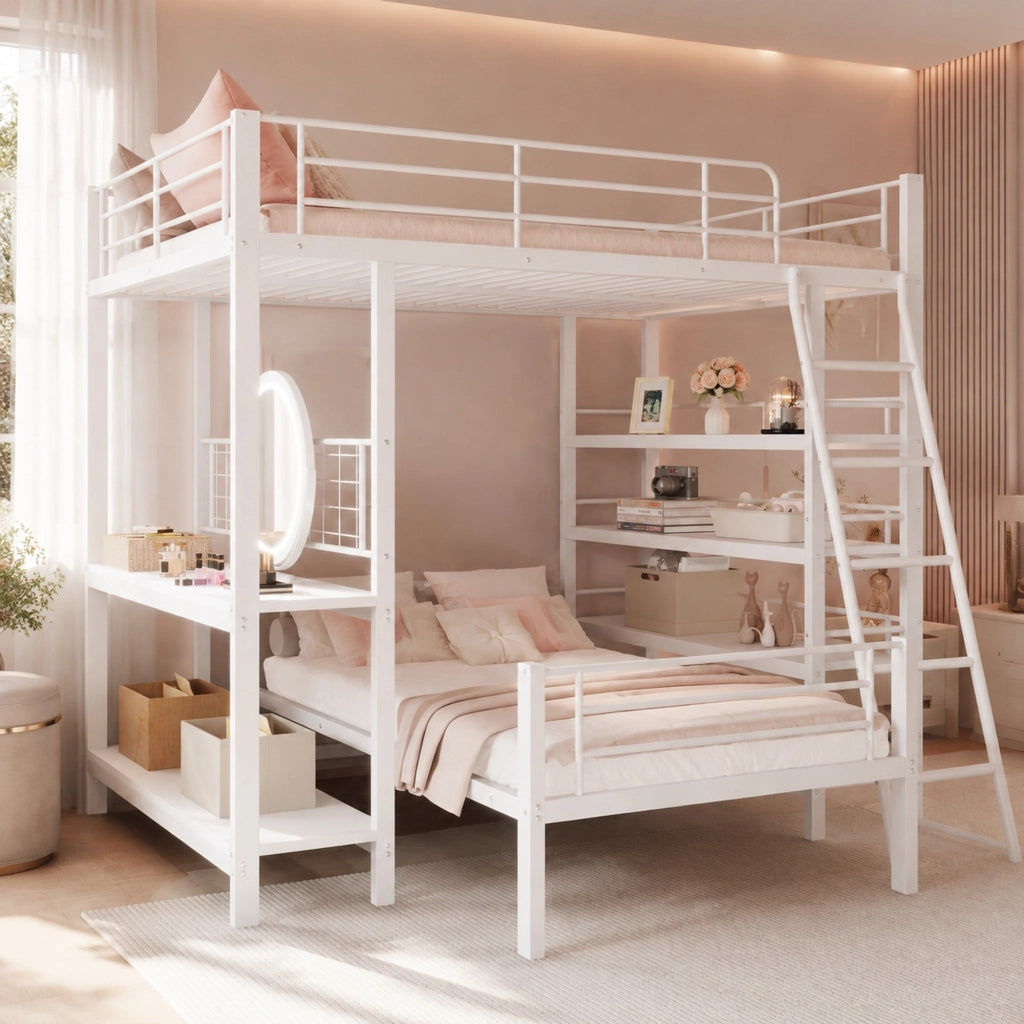 Letto a castello 140 × 200 cm 2 posti con ripiani, separabile, senza materasso, in metallo, bianco