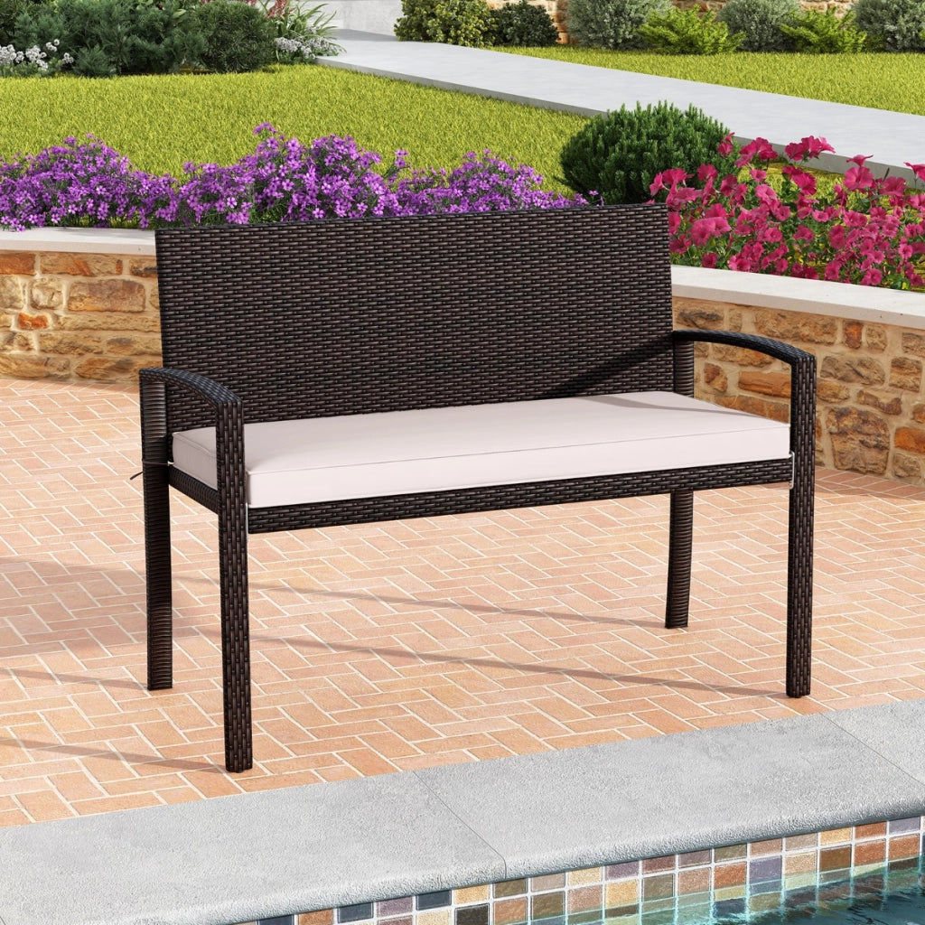 Panchina in rattan per patio da esterno con schienale e braccioli per giardino, Panca in vimini a 2 posti Bianco-Panchine