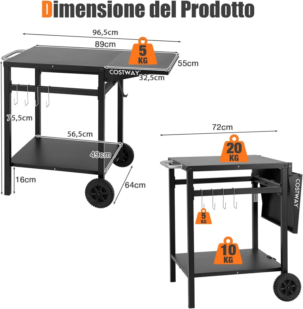Carrello per Barbecue, Carrello di Servizio con Ruote e 4 Ganci, Pannello Laterale Pieghevole, Carrello Cucina Multiuso per Forno da Pizza, per Casa Cortile Patio e Giardino