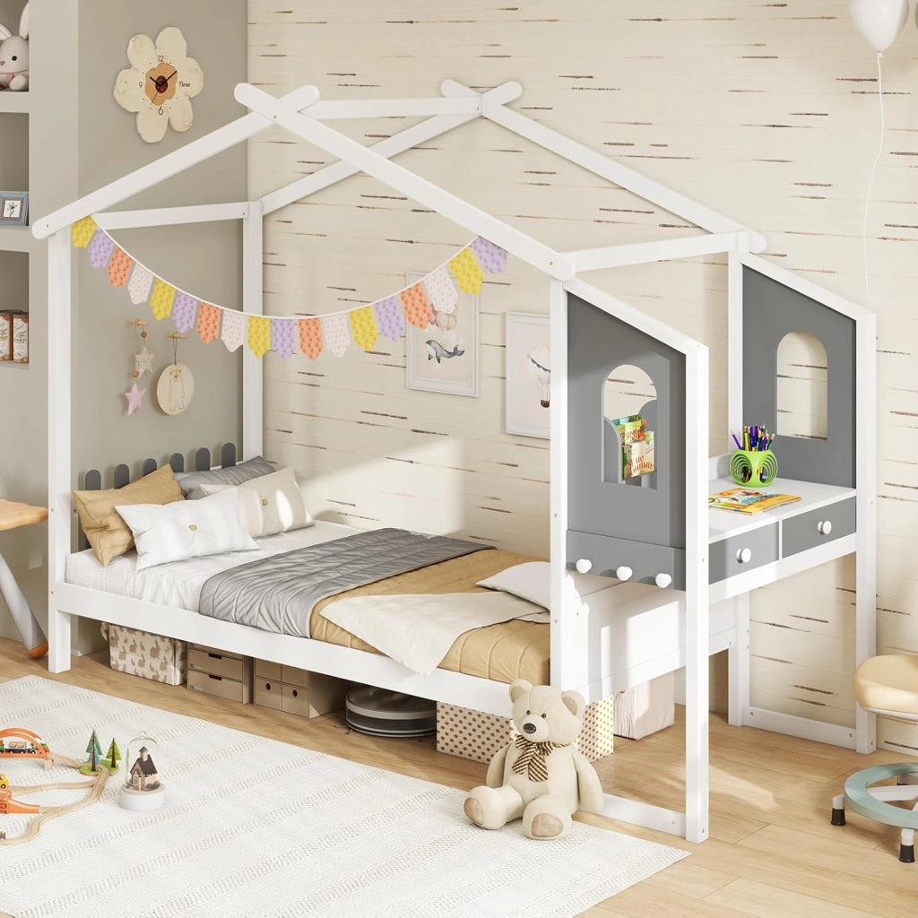 Telaio per letto a forma di casa con scrivania, letto capanna per bambini con vassoio rimovibile, cassetti, ganci, doghe in legno, per ragazzi e ragazze, nessuna rete necessaria (90 x 200 cm)