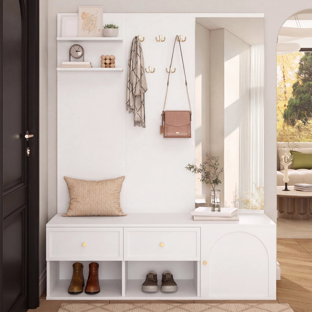 Set ingresso multifunzione con specchio, ripiani, cassetti e ganci, 120 x 35 x 159 cm, bianco