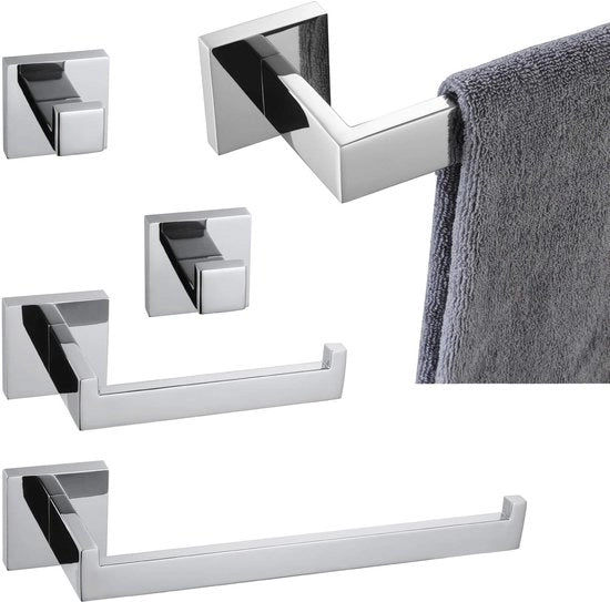 Set da bagno 5 pezzi, tenne per asciugamani in acciaio inox lucido + tenne per carta igienica + maniglia bagno, fissaggio a parete, finitura liscia, B05A5-CH