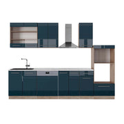 Cucina componibile Fame-Line Blu scuro lucido/Rovere dorato 300 cm con armadio alto, PL Marmo Vicco