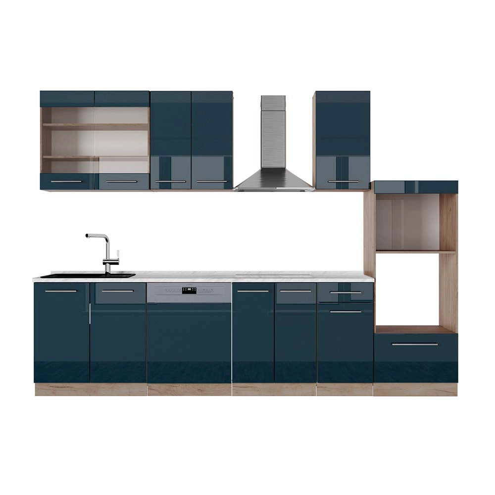 Cucina componibile Fame-Line Blu scuro lucido/Rovere dorato 300 cm con armadio alto, PL Marmo Vicco