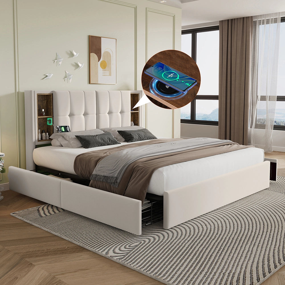 Letto matrimoniale imbottito in velluto beige - Xylo - 160x200 cm - Con 4 cassetti e materasso