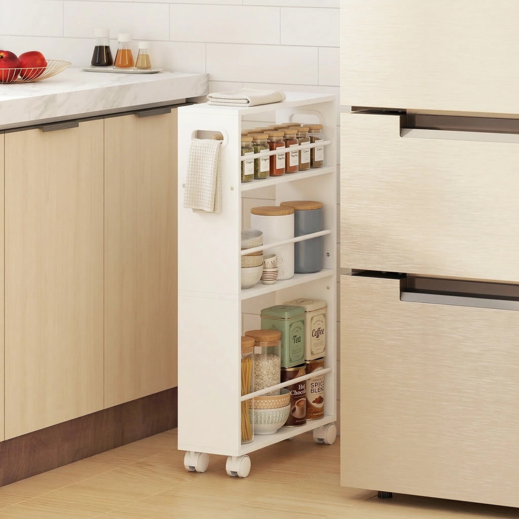 Carrello da Cucina e Bagno Salvaspazio a 3 Livelli con Barre Laterali e Ruote con Freni, Bianco