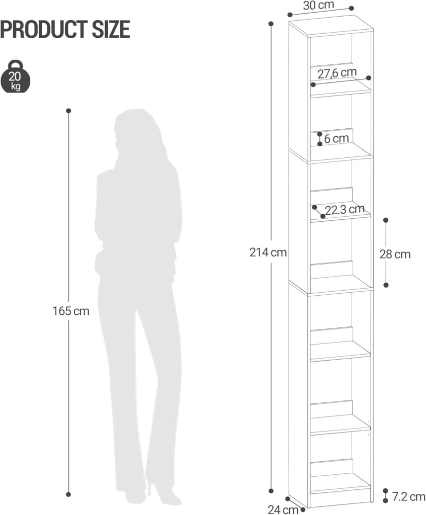 Libreria a 7 Ripiani, Scaffale Libreria, 24 x 30 x 214 cm, per Soggiorno Studio Ufficio Camera da Letto, Bianco BC79703X