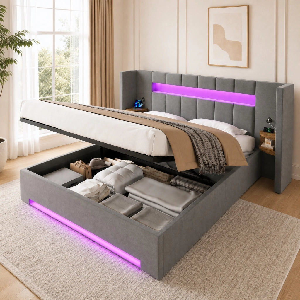 DESMIU Letto contenitore 160 × 200 cm 2 posti con USB, LED e vani laterali, senza materasso, in velluto, grigio scuro