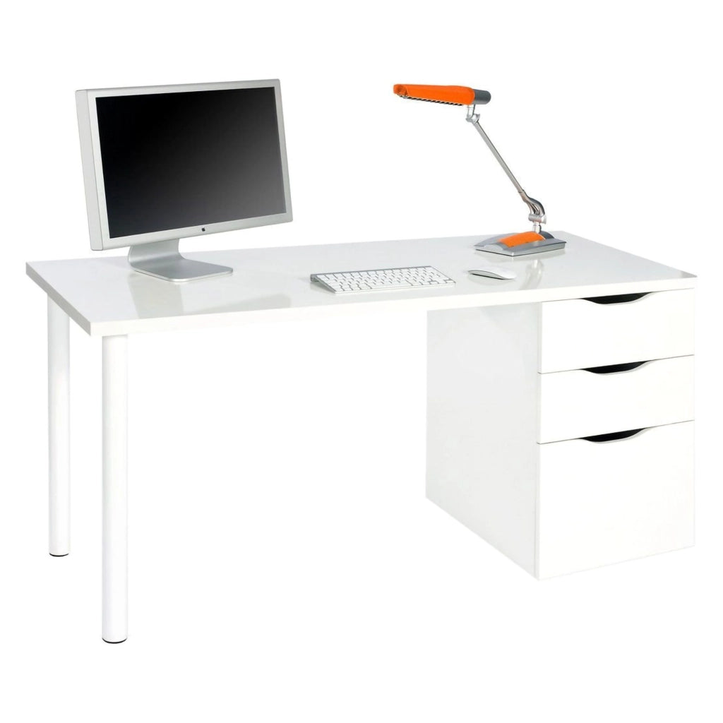 Scrivania Abol, Scrittoio da ufficio reversibile, Tavolo da studio con cassettiera a 2 cassetti e 1 anta, cm 138x60h74, Bianco