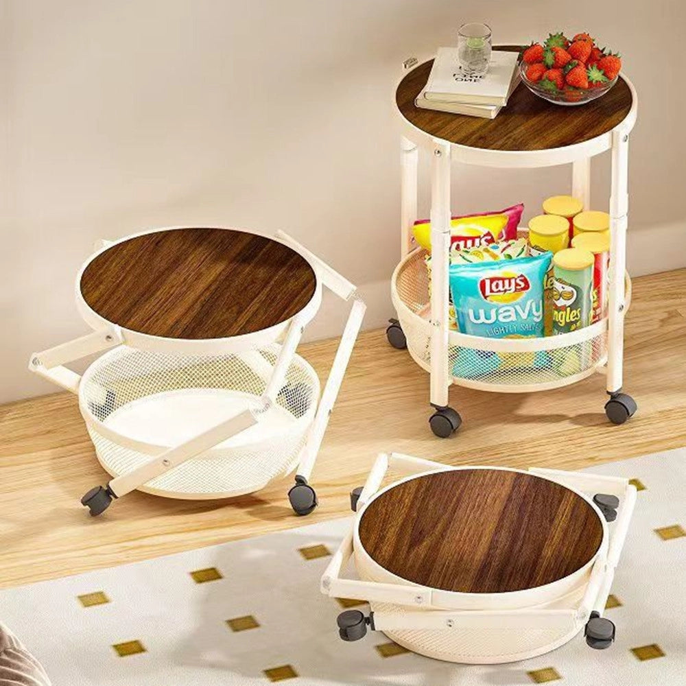 Trade Shop - Tavolo Rotondo Design Pieghevole Multiuso Carrello A 2 Livelli Ripiani Con Ruote 52x32cm -