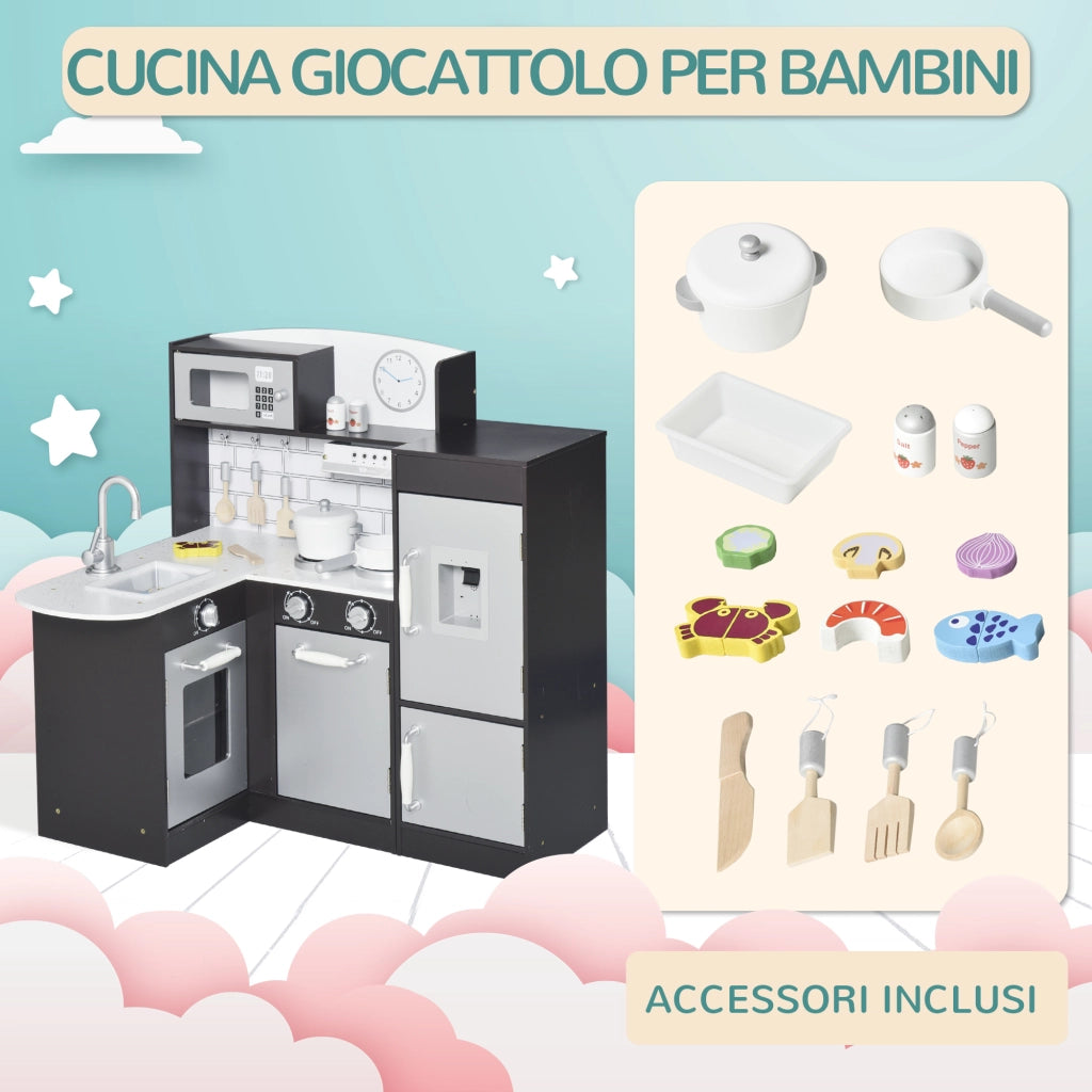 Cucina Giocattolo Bambini in Legno con Accessori ¨C zephmum ¨C Argento e Marrone 86x64x84.5cm