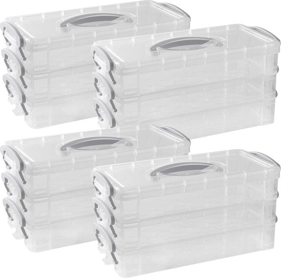 Organizzatore per penne in plastica 4-pack, 21,5 x 10 x 10 cm, scatola di archiviazione per articoli da ufficio, penne organizzatore multifunzionale con coperchio e maniglia, 3 livelli di separazione, penne organizzatore stivabile per ufficio.
