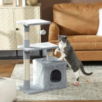 Tiragraffi per Gatti con Casetta, 2 Piattaforme e Pallina, in Legno, Sisal e Peluche, 50x30x81.5 cm, Grigio