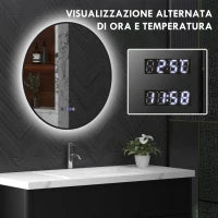 Specchio Bagno con Luce LED Regolabile, Antiappannamento e Display Tempo e Temperatura, Ø70 cm, Nero