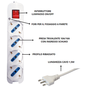 Multipresa elettrica ecova 4 ingressi universali 10/16a colore bianco