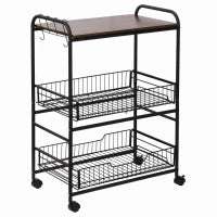 Carrello da Cucina Portavivande Stile Industriale con 4 Ruote, 2 Cestini e 4 Ganci, 60x38x85.5cm, Marrone Nero