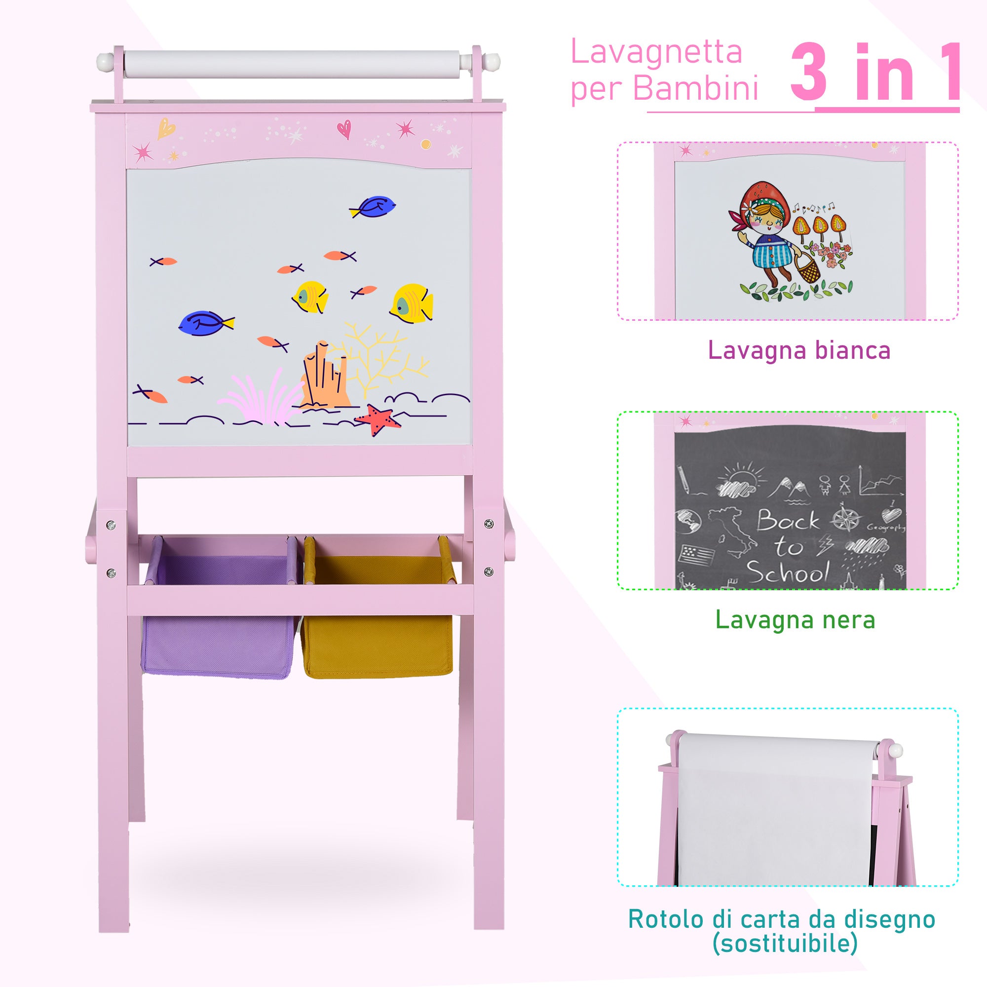 Easycomfort Lavagnetta per Bambini in Legno Rosa con Cavalletto 3 in 1: Lavagna Bianca, Nera e con Rullo Fogli di Carta
