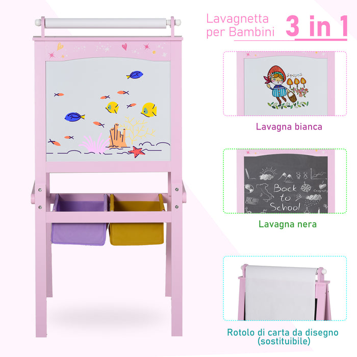 Easycomfort Lavagnetta per Bambini in Legno Rosa con Cavalletto 3 in 1: Lavagna Bianca, Nera e con Rullo Fogli di Carta