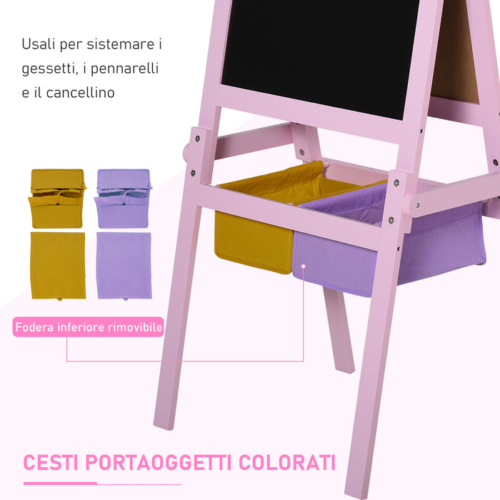 Easycomfort Lavagnetta per Bambini in Legno Rosa con Cavalletto 3 in 1: Lavagna Bianca, Nera e con Rullo Fogli di Carta