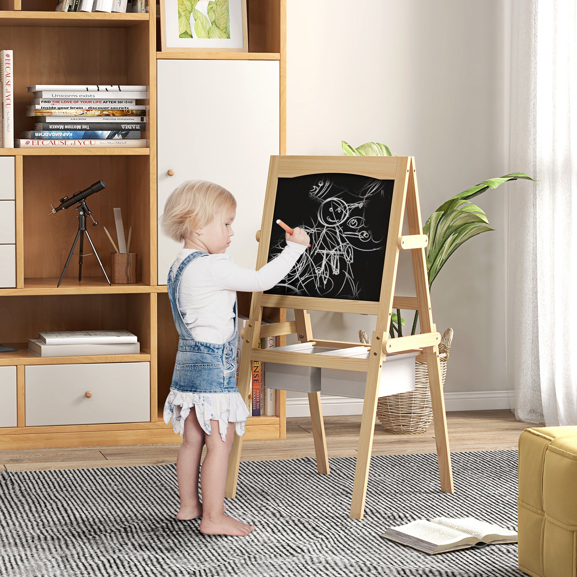 Easycomfort Lavagna per Bambini con Cavalletto 3 in 1 e Cestini, Età 3-6 anni, 58x50.5x109cm, Color legno