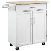 Carrello da Cucina con Ruote, Isola da Cucina con Cassetto, Armadio e Porta-Strofinacci, Bianco