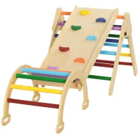 Gioco Arrampicata Bambini con Triangolo e Arco Montessori e Rampa con Pietre in Legno di Pino, 178x64.5x63 cm