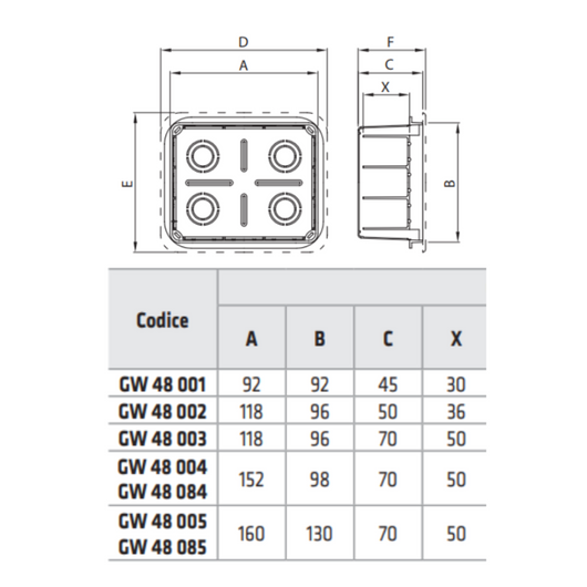 Gewiss cassette da incasso serie 48 in tecnopolimero con coperchio bianco *** dimensioni 118 x 96 x 50 millimetri, co...