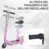 Monopattino Elettrico Pieghevole con Sella, 2 Ruote e Manubrio Regolabile, Bambini 7-12 Anni, 75x37x98cm, Rosa