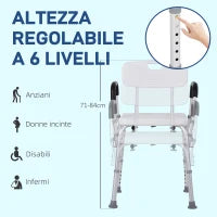 Sedia per Doccia in Alluminio con Altezza Regolabile e Piedini Antiscivolo, 51.5x51.5x71-84cm, Bianco