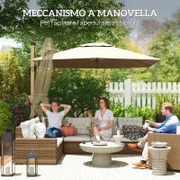 Ombrellone a Sbalzo Inclinabile con Manovella e Base, in Alluminio, Metallo e Poliestere, 4.1x2.9x2.7A m, Kaki