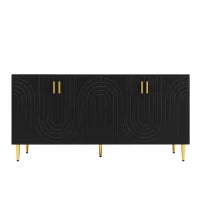 Credenza Moderna con Design a Onde, 4 Ante e 2 Cassetti, Manici e Piedi Dorati, per Soggiorno e Cucina, 152x40x75 cm, Nero