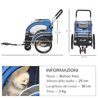 Carrello 2 in 1 Passeggino per Cani e Rimorchio Bici, Ruota Girevole Catarifrangenti e Bandierina 130x58x94cm Blu