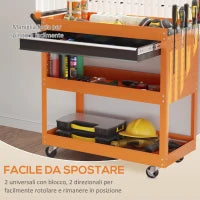 DURHAND Carrello Porta Attrezzi con Manico Laterale, Cassetto e 3 Ripiani in Acciaio, 82x35x76 cm, Arancione