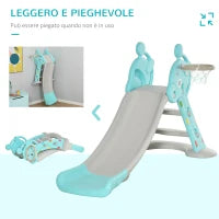 Scivolo per Bambini da 18 Mesi Pieghevole con 3 Scalini e Canestro Basket, Scivolo da Interno ed Esterno, 147x82x85.5 cm, Blu e Grigio