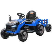 Trattore Elettrico per Bambini con Rimorchio Estraibile Batteria 12V Velocità 3-5 km/h, Telecomando 2,4G Blu