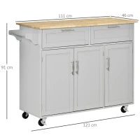 Carrello da Cucina Multiuso in Legno con 2 Cassetti, 3 Antine e 4 Ruote 121x46x91cm, Grigio