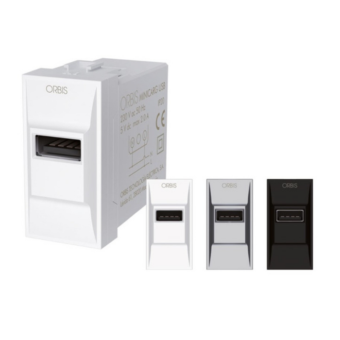 Orbis minicarg alimentatore usb da incasso 5vdc 2.1a max 1 modulo din 230v