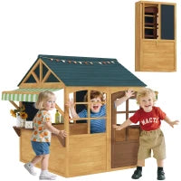Casetta per Bambini 3-8 Anni con 5 Finestre e 2 Lavagne, in Legno di Abete, 173x117x144 cm, Marrone e Blu
