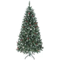 Albero di Natale Alto 180 cm da Interno con 620 Rami, Pigne e Bacche Rosse, Base in Metallo, Verde