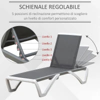 Lettino Prendisole con Schienale Reclinabile e Rotelle Posteriori, 195x67.5x33 cm, Grigio e Bianco