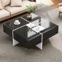 Elegante Tavolino da Caffè Lucido con Vano Portaoggetti Integrato e 4 Cassetti, 70×70×35 cm, Nero e Bianco