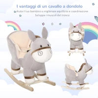 Cavallo a Dondolo per Bambini 18-36 Mesi, Cavalluccio a Dondolo a Forma di Asino con Suoni Realistici in Legno di Pioppo e Peluche, Grigio