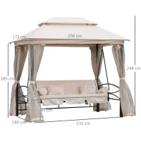 Dondolo 3 Posti e Lettino Singolo Copertura a Gazebo con Zanzariera e Cuscini 256x172x248cm Crema
